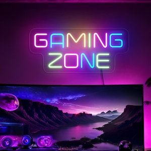 Neonbord gamingzone, neonbord gameruimte, neonbord gamer, gamercadeau, decor gameroom kunst aan de muur, cadeau voor hem, kunstdecor Gaming Zone