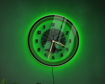 Horloge murale arbre, horloge murale verte, horloge murale arbre de vie, horloge murale néon, horloge murale silencieuse avec chiffres, cadeau de pendaison de crémaillère pour homme