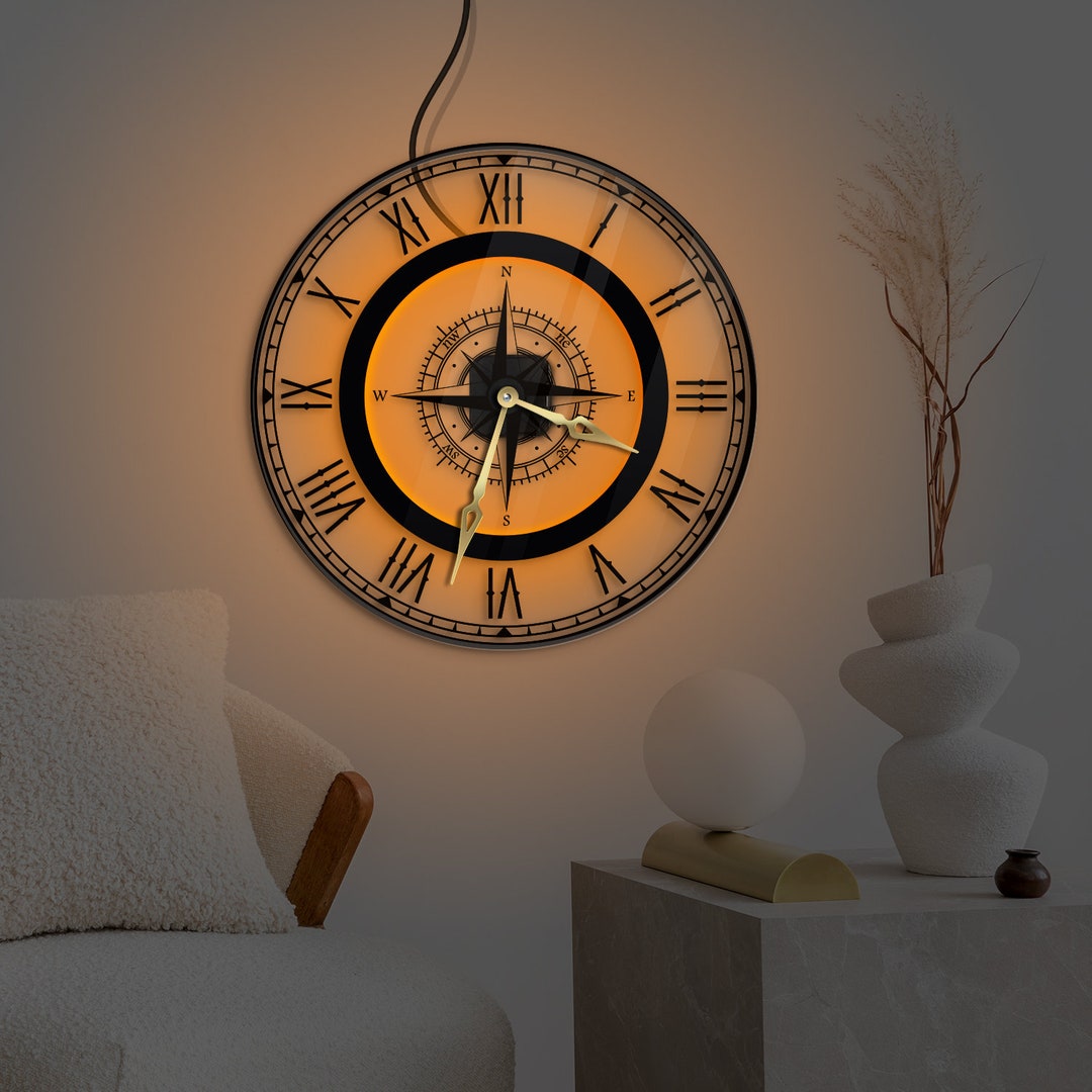 Night Light Clock, Compass Wall Clock, Led Wall Clock, Led Compass
