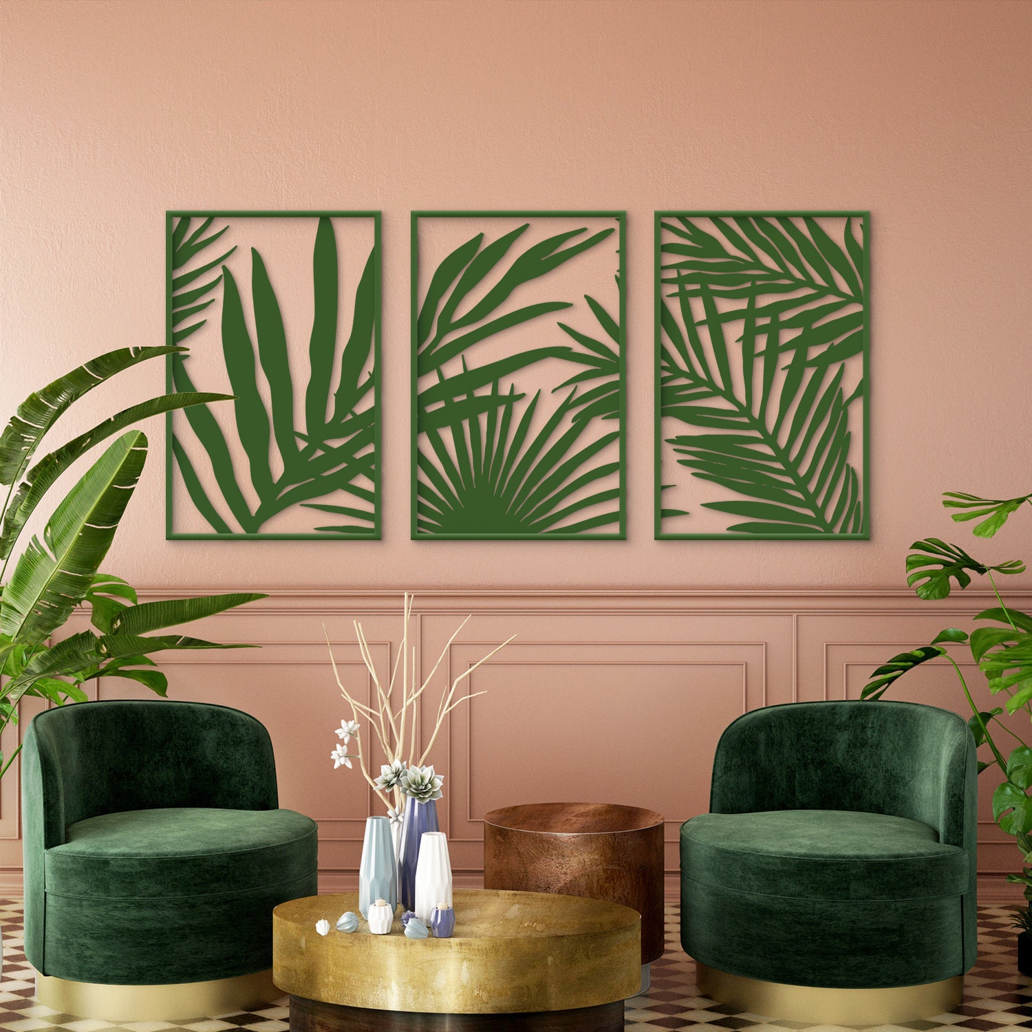 Palm Leaves Wall Art, Tropical Palm Leaf Wall Art Set of 3, Large Tropical Decor, Decorative