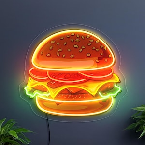ハンバーガーのネオンサイン、ファーストフードのネオンサイン、ハンバーガーのネオンサイン、レストランのネオンサイン、キッチンのネオンサイン、ファーストフードのアート装飾、ハンバーガーのアート装飾