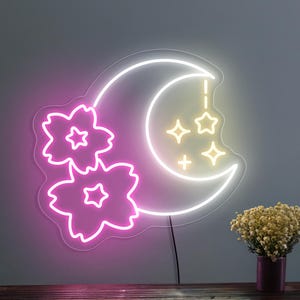 Sakura moon neon sign, Moon flower neon sign, Neon sign bedroom decor, Kids room neon sign, Neon sign nursery, Sakura moon wall art decor