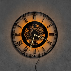 Silent wall clock with numbers, Gear wall clock, Neon wall clock, Wall clock unique with numbers, Wall clock with led light, Fathers gift