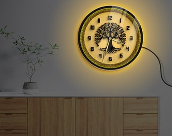 Large tree of life clock, Living room wall clocks with numbers, Tree of life wall clock, Neon wall clock, Silent wall clock with numbers