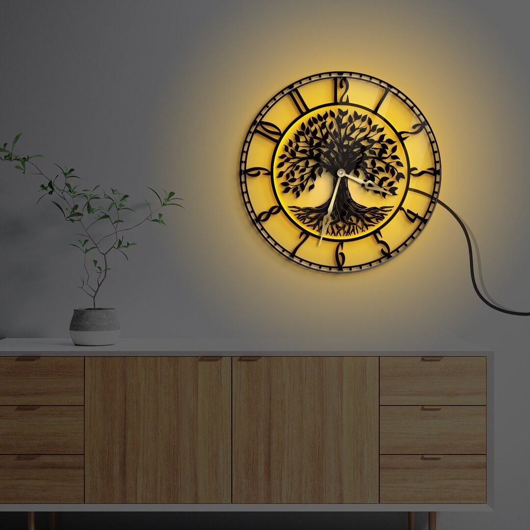 Tree of Life Wall Clock, Yellow Wall Clock, Wall Clock With Led Light