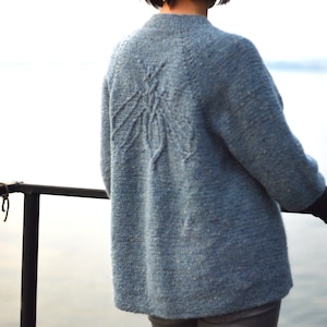 以下が含まれることがあります： 背中が幾何学模様の青いニットセーター。セーターは、水面を見下ろすバルコニーに立っている人が着ています。