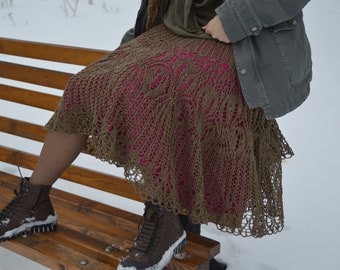 スカート Knit Lace Jagged-hem Skirt / Brown 퍼버즈 KNIT LACE JAGGED-HEM SKIRT (BROWN)