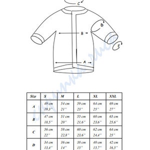 以下が含まれることがあります： ジャケットの概略図で、サイズ別にインチとセンチメートルで表示された寸法が示されています。サイズ：S、M、L、XL、XXL。