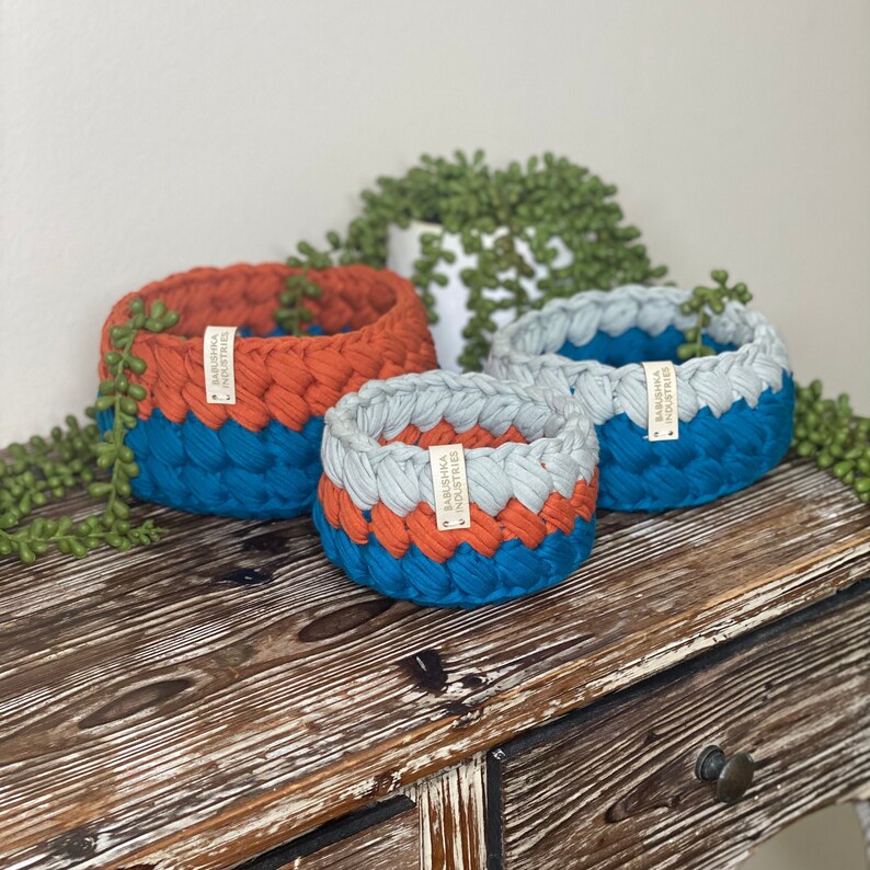 Bright Teal & Orange Marshmallow crochet baskets image 1