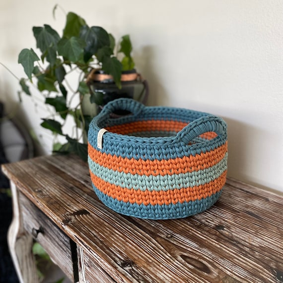Teal, Paprika & Aqua sage large crochet baskets