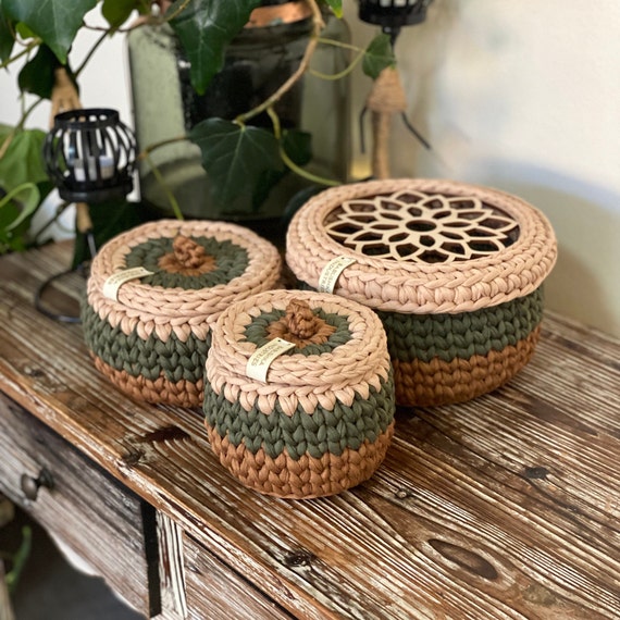 Copper, green & beige crochet basket with lids