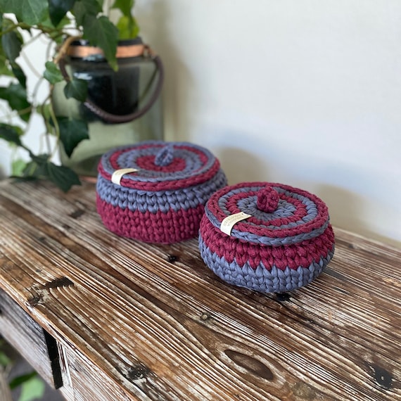 Burgandy & Grey crochet basket with lids