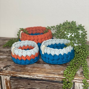 Bright Teal & Orange Marshmallow crochet baskets Set of 3