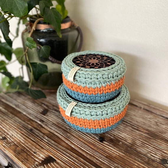 Teal, Paprika & Aqua Sage crochet basket with lids