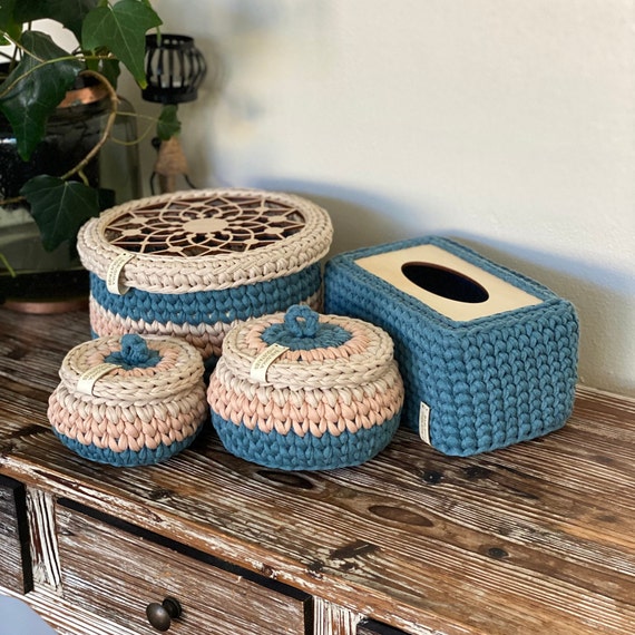 Teal, tan & beige crochet basket with lids