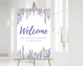 Welcome Sign Instant Download, Bridal Shower Welcome Sign, Baby Shower Welcome Sign, Purple Floral Party Decor,  The Social Season Theme