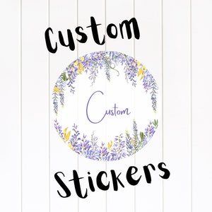 CUSTOM Circle Stickers, Party Favors Invitations, Weatherproof Vinyl Glossy Sheet of Stickers, Purple Wisteria Floral