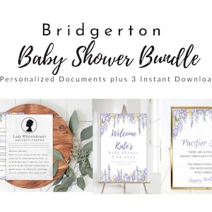 May include: A baby shower bundle with a Bridgerton theme. The bundle includes two personalized documents and three instant downloads. The image shows a baby shower invitation, a welcome sign, and a pacifier hunt sign, all decorated with floral designs.