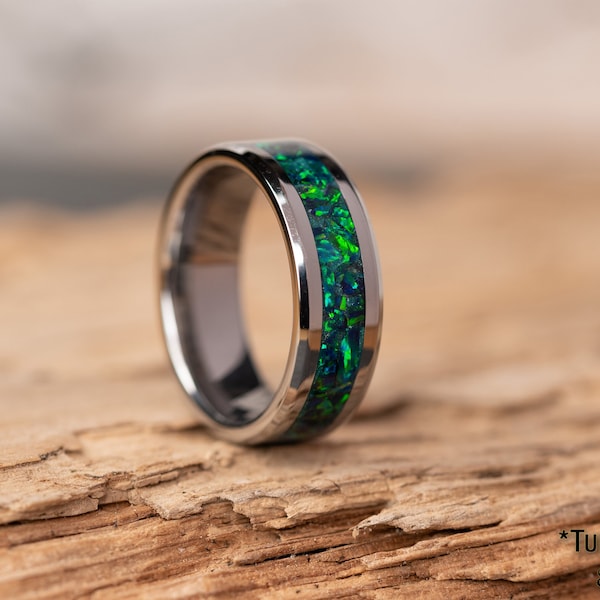 Emerald Green Opal Wedding Ring • Handmade Custom Gemstone Jewelry • Pefect Gift For Him or Her • Alternative Wedding Band