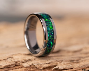 Emerald Green Opal Wedding Ring • Handmade Custom Gemstone Jewelry • Pefect Gift For Him or Her • Alternative Wedding Band