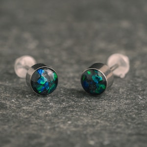 Black Emerald Green Stud Earring Pair - Handmade Opal Jewellery - 5mm Stainless Steel Earrings - Minimalist Gift for Her or Him