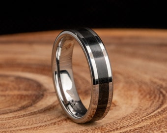 Whitby Jet Glowstone Tungsten Ring - Alternative Wedding Ring - Handmade Gemstone Jewelry