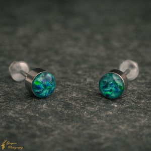 Emerald Green Stud Earring Pair - Handmade Opal Jewellery - 5mm Stainless Steel Earrings - Minimalist Gift for Her or Him