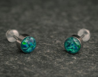Emerald Green Stud Earring Pair - Handmade Opal Jewellery - 5mm Stainless Steel Earrings - Minimalist Gift for Her or Him