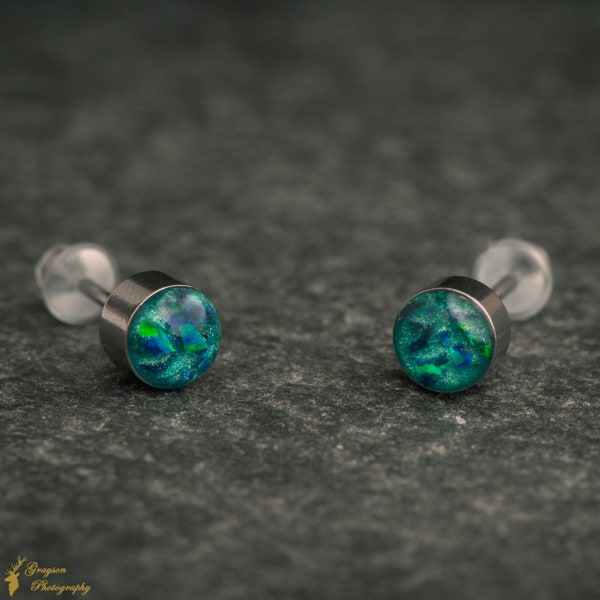 Emerald Green Stud Earring Pair - Handmade Opal Jewellery - 5mm Stainless Steel Earrings - Minimalist Gift for Her or Him