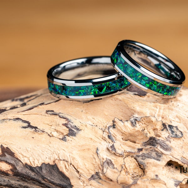 Par a juego de anillos de boda de tungsteno - Conjunto de anillos de ópalo verde esmeralda - Alianzas de boda de 6 mm - Regalo para él y ella