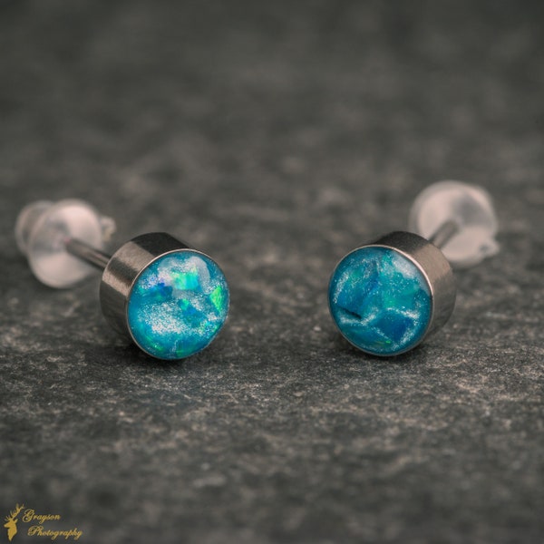 Peacock Blue Stud Earring Pair - Handmade Opal Jewellery - 5mm Stainless Steel Earrings - Minimalist Gift for Her or Him
