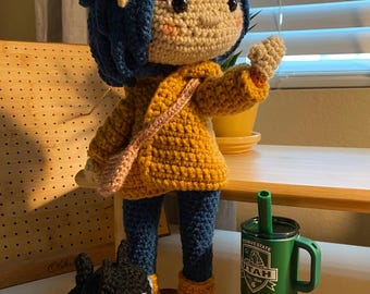 Crocheted Coraline Doll with miniature cat!