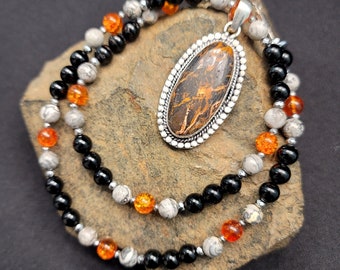 Collar colgante de plata Brecciated Jasper 925 es Picasso Jasper, ónix negro, cuarzo craquelado y hematita plateada