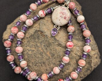 Collar colgante de plata 925 de cinabrio y amatista es de cinabrio, amatista y hematita plateada