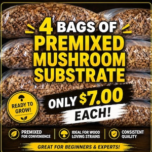 May include: Four bags of premixed mushroom substrate in clear plastic packaging. The text reads "Ready to Grow!" and "Only $7.00 Each!" Additional text states "Premixed for convenience," "Ideal for wood loving strains," and "Consistent Quality."