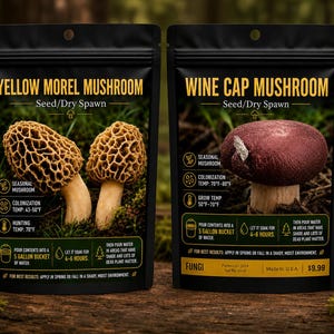 May include: Two black stand-up pouches containing Yellow Morel Mushroom and Wine Cap Mushroom seed/dry spawn. Each package features a photograph of the respective mushroom, instructional icons, and text detailing colonization and hunting temperatures.