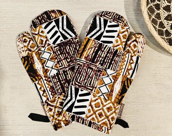 Set of 2 Oven Gloves | Handmade &quot;Mudcloth&quot; Bogolan Print Inspired African Print
