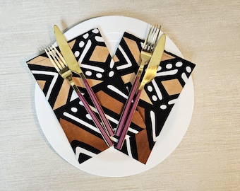 Set of 4 | 8 Napkins | 40x40cm | Handmade Bogolan Print | 100% Cotton  | Table Linen Decor | African Print Decor