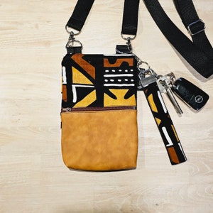 Sac de téléphone fait main et ensemble de porte-clés | Tissu imprimé africain Ankara | Détail en cuir végétalien | Bandoulière réglable
