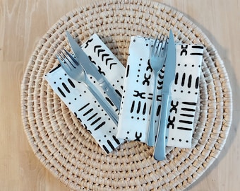 Set of 4 Napkins | 35x35cm | Black Mudcloth Print, Ankara Wax, 100% Cotton