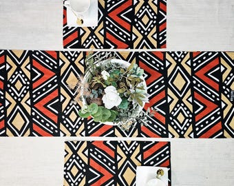 Handmade Table Runner and Set of 4 Placemats | Ethnic African Print 100% Cotton Fabric