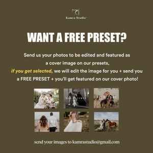 Pode incluir: Um an&uacute;ncio da Kamra Studio oferecendo um preset gratuito. O texto diz "QUER UM PRESET GR&Aacute;TIS?" e convida os usu&aacute;rios a enviar fotos para edi&ccedil;&atilde;o e potencial uso como imagem de capa. As informa&ccedil;&otilde;es de contato s&atilde;o fornecidas.