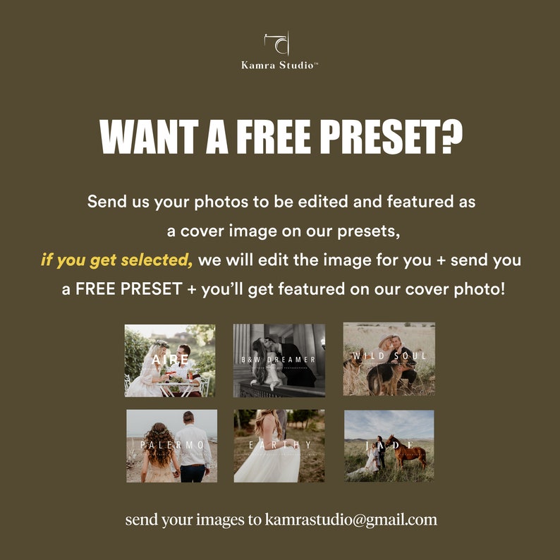 Pode incluir: Um an&uacute;ncio da Kamra Studio oferecendo um preset gratuito. O texto diz "QUER UM PRESET GR&Aacute;TIS?" e convida os usu&aacute;rios a enviar fotos para edi&ccedil;&atilde;o e potencial uso como imagem de capa. As informa&ccedil;&otilde;es de contato s&atilde;o fornecidas.