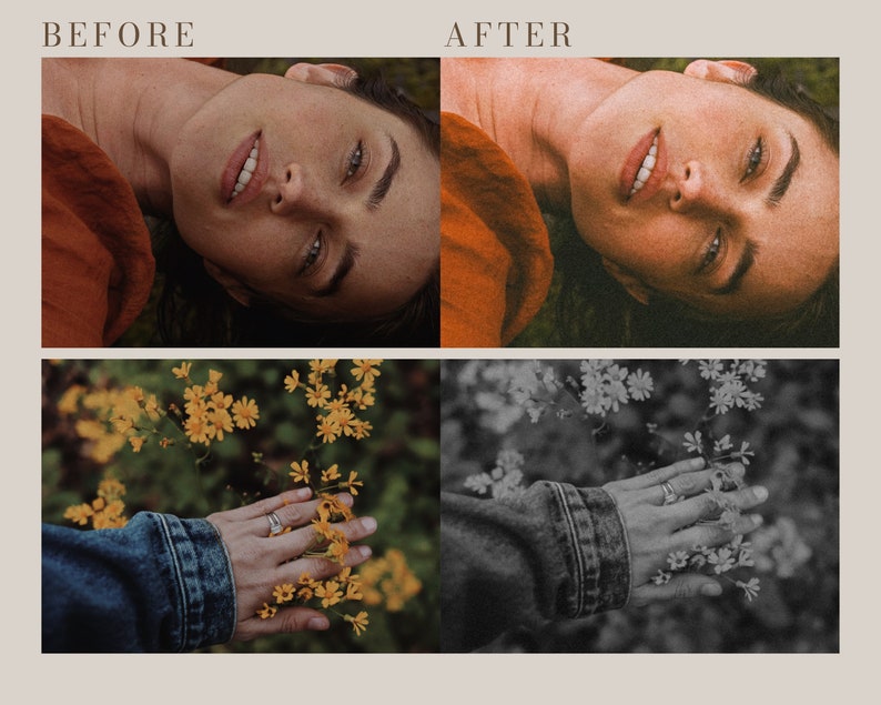 Peut inclure: Un collage de deux images. L'image du haut montre une femme allong&eacute;e sur le dos, la t&ecirc;te inclin&eacute;e sur le c&ocirc;t&eacute;. Elle porte une chemise rouge et a de longs cheveux bruns. L'image du bas montre une main tendue vers un groupe de fleurs jaunes. La main porte une veste en jean et une bague en argent.