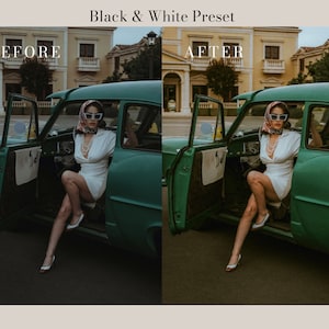 Peut inclure: Une femme v&ecirc;tue d'une robe blanche et de lunettes de soleil est assise dans une voiture vintage verte, la porti&egrave;re ouverte. La voiture est gar&eacute;e dans une rue avec des b&acirc;timents en arri&egrave;re-plan. L'image est divis&eacute;e en deux sections, montrant l'image avant et apr&egrave;s l'application d'un pr&eacute;r&eacute;glage noir et blanc.
