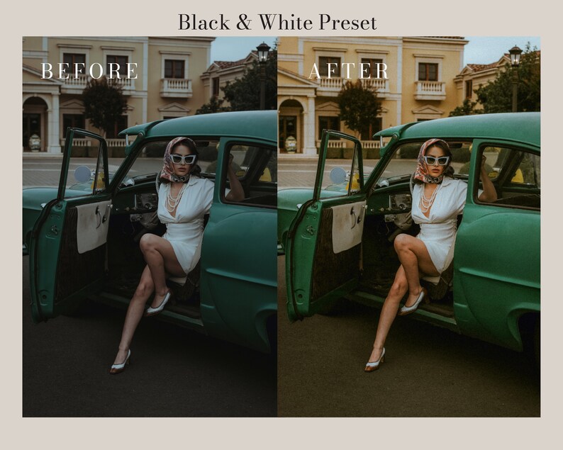 Peut inclure: Une femme v&ecirc;tue d'une robe blanche et de lunettes de soleil est assise dans une voiture vintage verte, la porti&egrave;re ouverte. La voiture est gar&eacute;e dans une rue avec des b&acirc;timents en arri&egrave;re-plan. L'image est divis&eacute;e en deux sections, montrant l'image avant et apr&egrave;s l'application d'un pr&eacute;r&eacute;glage noir et blanc.
