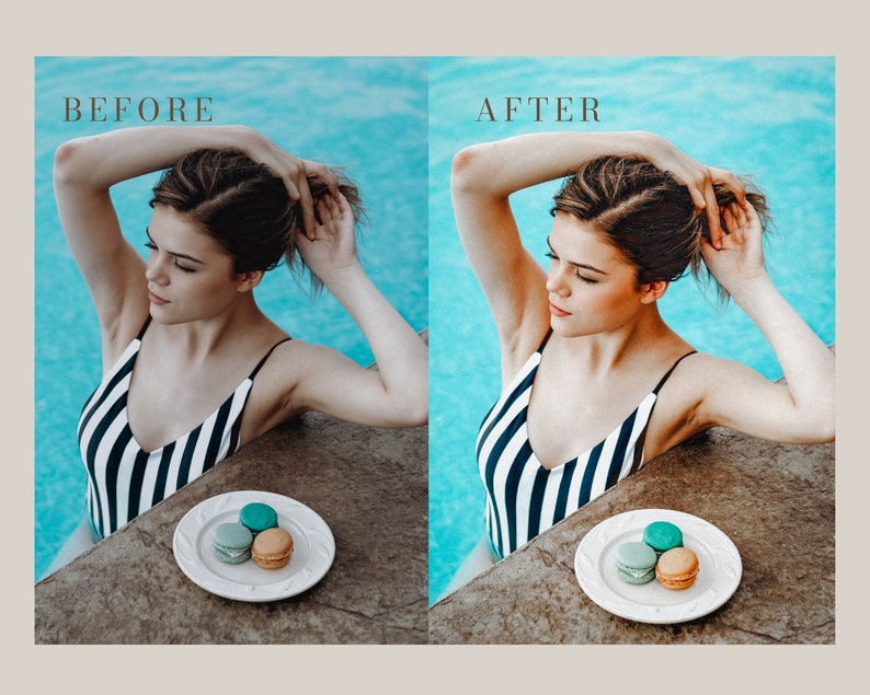 Peut inclure: Une femme en maillot de bain ray&eacute; noir et blanc est assise au bord d'une piscine. Elle se tient les cheveux avec une main. Il y a trois macarons sur une assiette blanche devant elle.