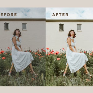 Pode incluir: Uma mulher em um vestido branco senta-se em uma escada de madeira em um campo de papoulas vermelhas. A imagem &eacute; dividida, com "BEFORE" &agrave; esquerda e "AFTER" &agrave; direita, mostrando uma compara&ccedil;&atilde;o de edi&ccedil;&atilde;o de fotos. Um edif&iacute;cio com janelas est&aacute; ao fundo.