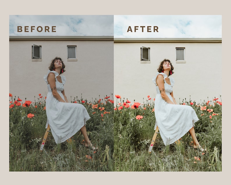 Pode incluir: Uma mulher em um vestido branco senta-se em uma escada de madeira em um campo de papoulas vermelhas. A imagem &eacute; dividida, com "BEFORE" &agrave; esquerda e "AFTER" &agrave; direita, mostrando uma compara&ccedil;&atilde;o de edi&ccedil;&atilde;o de fotos. Um edif&iacute;cio com janelas est&aacute; ao fundo.