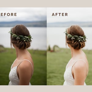 Pode incluir: Compara&ccedil;&atilde;o de imagens com os textos "ANTES" e "DEPOIS". A imagem "ANTES" mostra uma mulher em um vestido branco com uma coroa de flores. A imagem "DEPOIS" mostra a mesma mulher com cores aprimoradas. Ambas as imagens em um fundo externo desfocado.